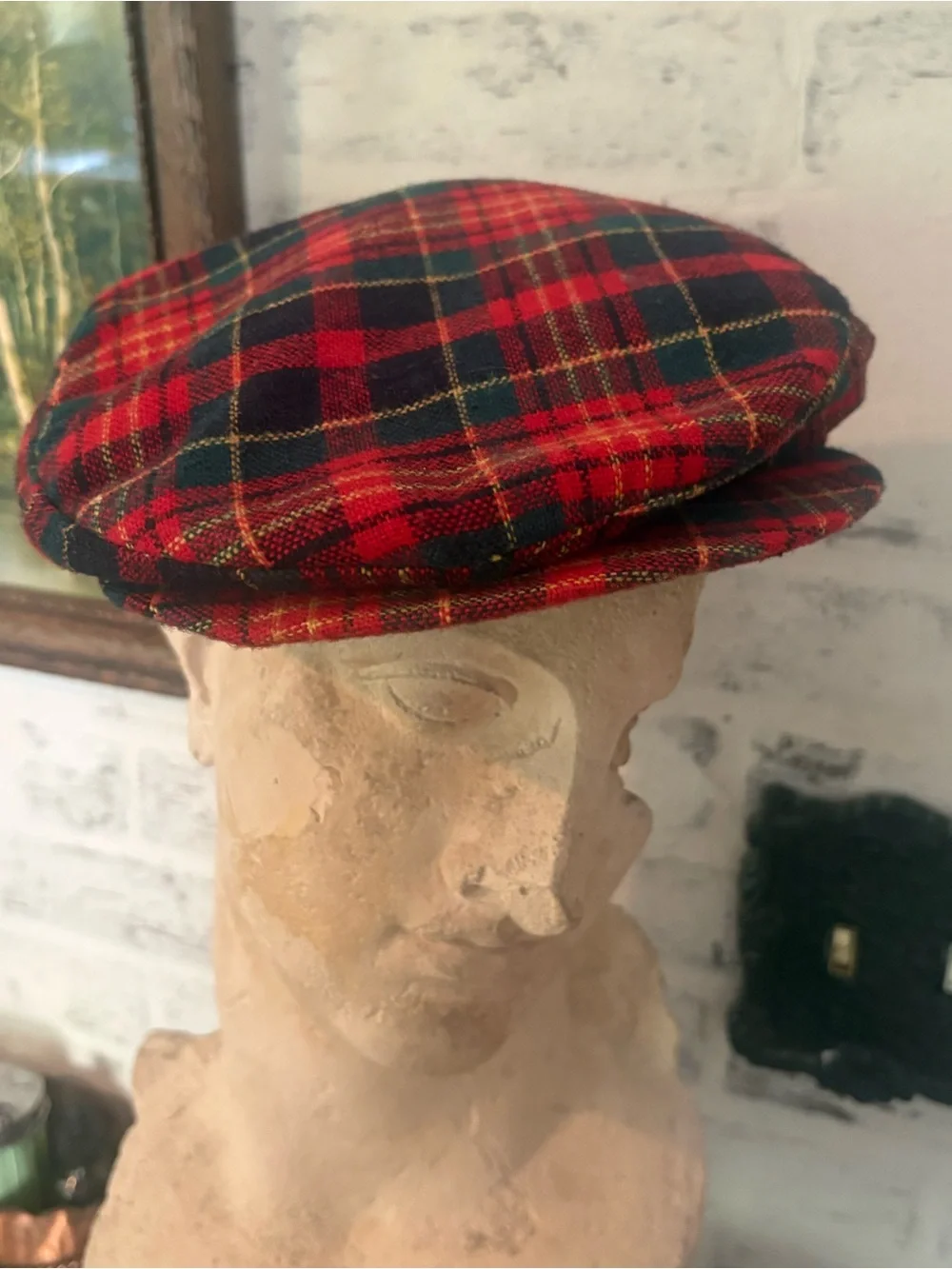 70’s classic vintage red tartan plaid wool flat cap